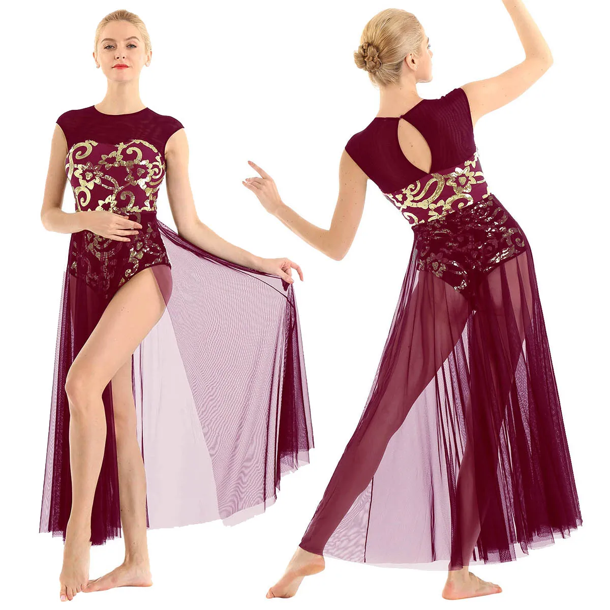 Women Floral Sequins Professional Ballet Dance Maxi Dress with Built-In Leotard Adult Modern Contemporary Lyrical Dance Costumes - Цвет: Wine Red