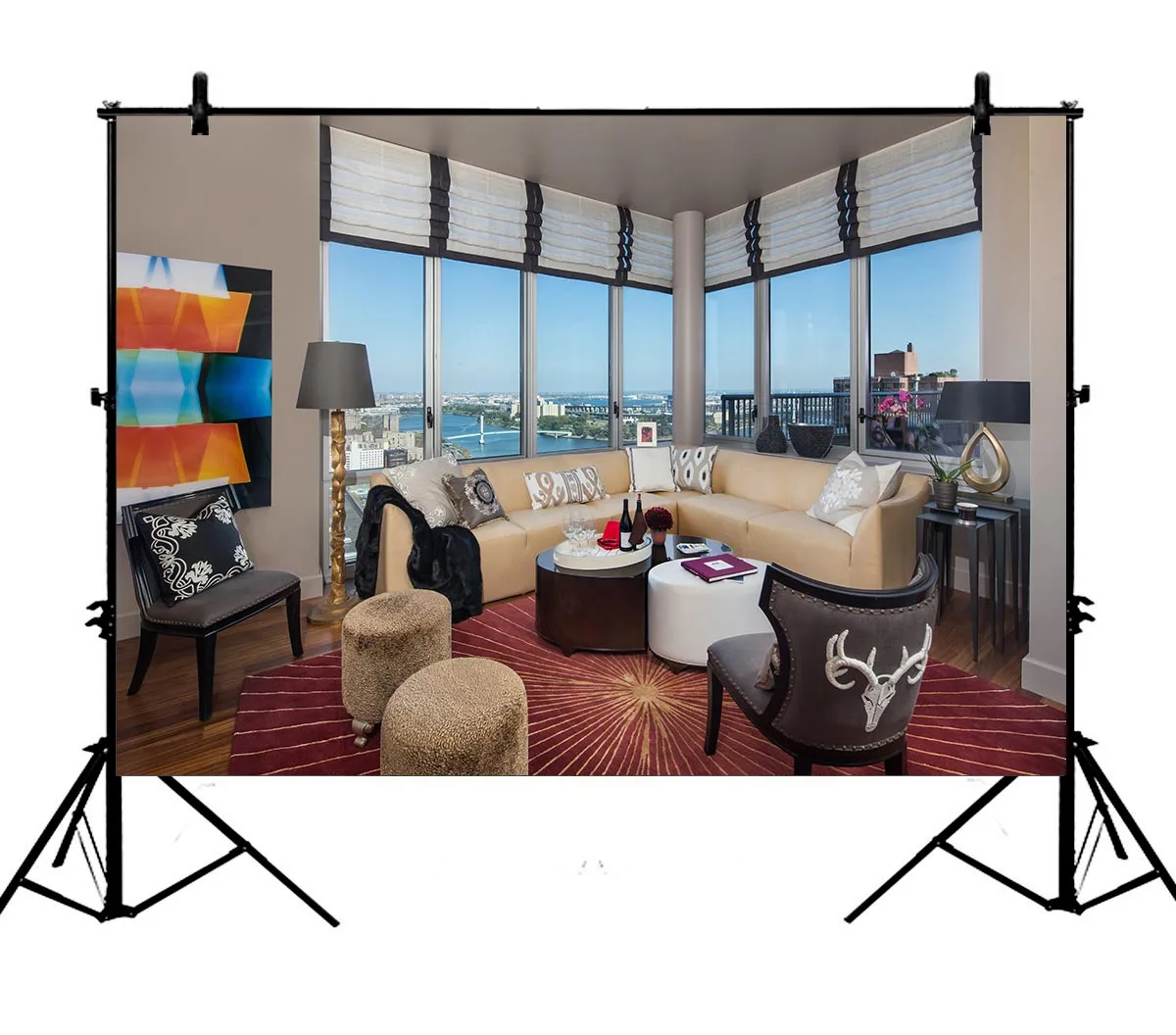

5x7ft Living Room Sofa French Sash Tables Frame Carpet Polyester Photo Background Portrait Backdrop