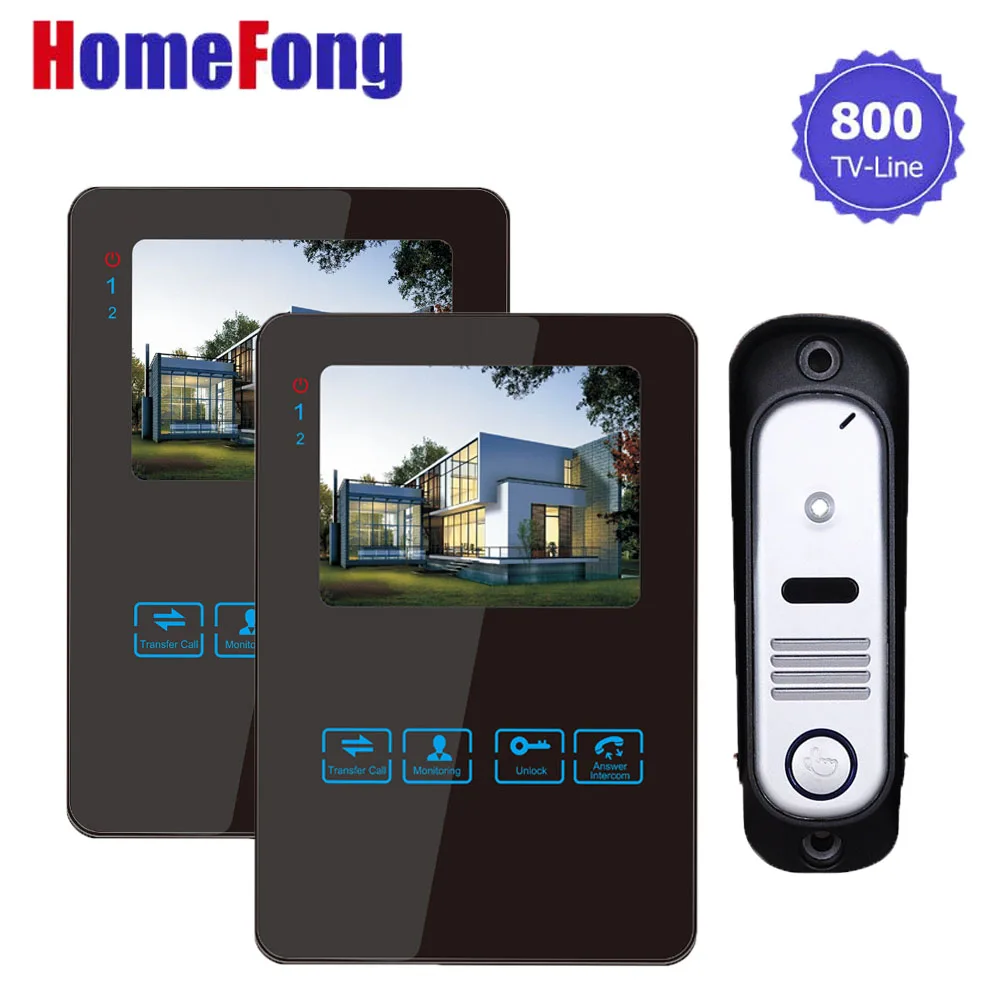 

Homefong 4 Inch Video Door Phone Doorbell Intercom Recording System 2 Indoor Monitor and 1 Outdoor doorbell Black 800tvl HD