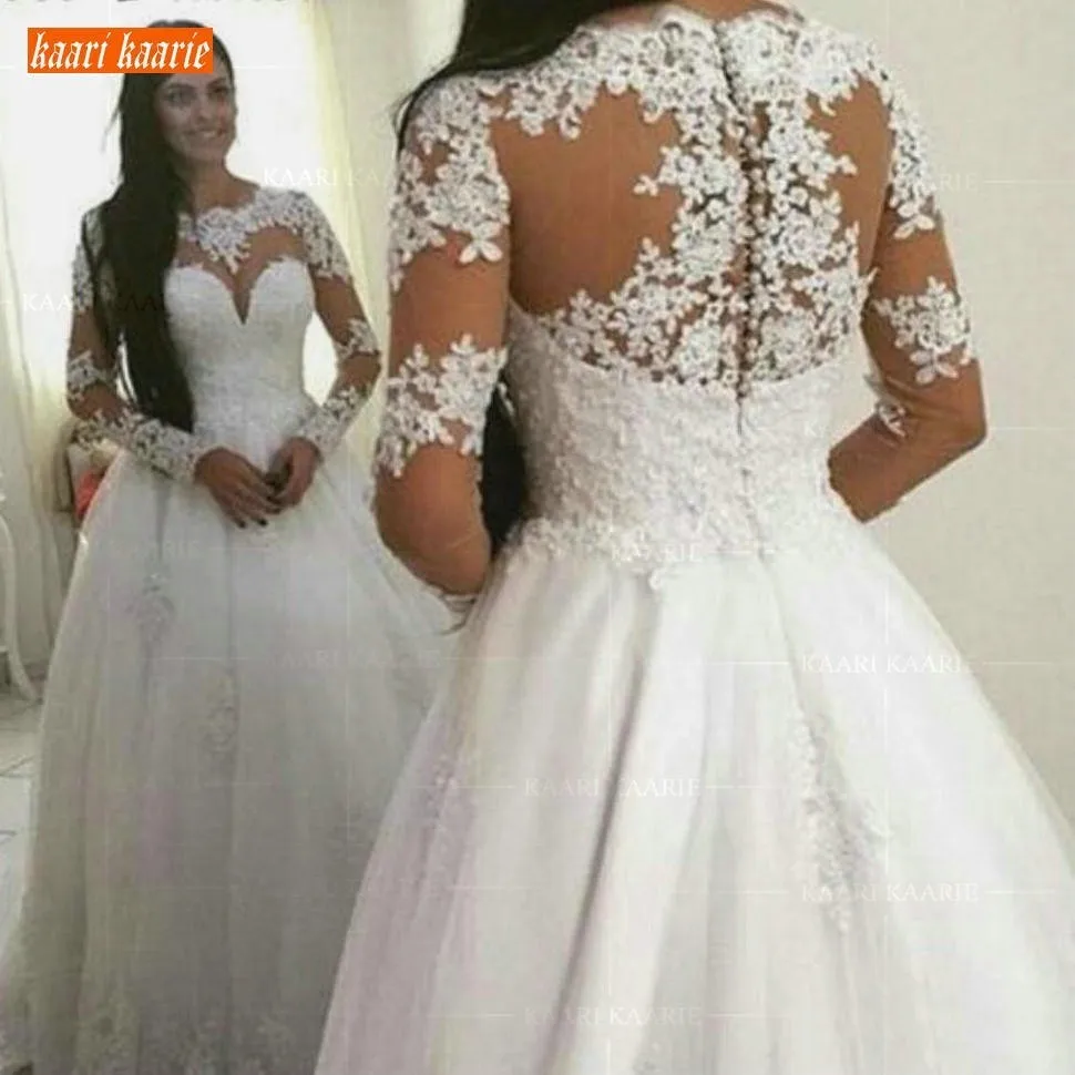 

Sumptuous White Ball Gown Wedding Dress Long Sleeves 2019 Lace Appliqued Plus Size Bridal Dresses Customized Ivory Wedding Gowns