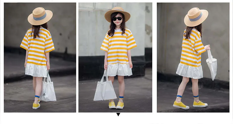 Mother And Duaghter Dress Clothing Patchwork Summer Cotton Dress Girl Yellow White Striped Teen Girls Dresses Size 10 To 14 Cute  4 5 6 7 8 9 10 11 12 13 14 15 16 years little teenage girls clothes dress girls dress 7 to 8 years (2).jpg