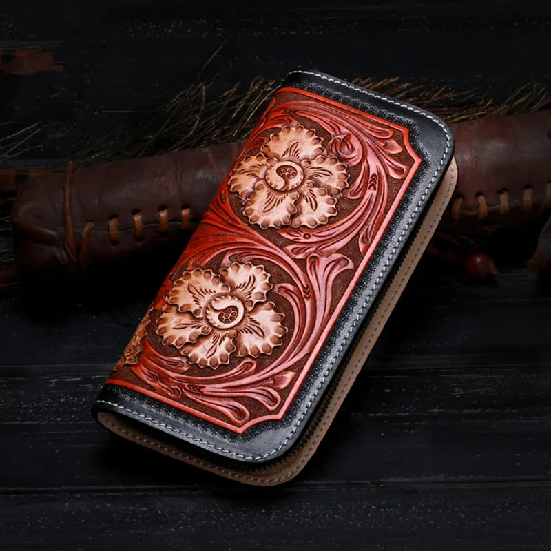 High quality Genuine Leather Wallets Carving Flower Zipper Bag Purses