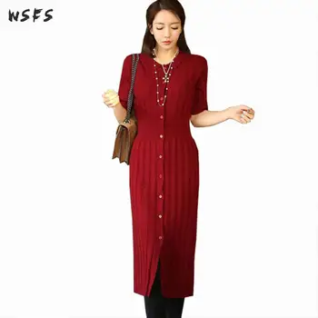 

Autumn Knitted Dress Black Red Turn Down Collar Half Sleeve Womens Dress Vintage Office Bodycon Button Sexy Party Midi Dress