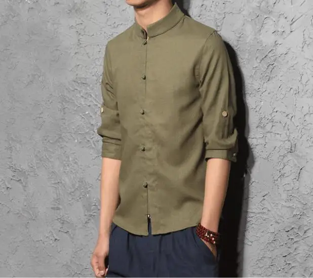 Zongke, китайский стиль, одноцветная рубашка, мужская, модная, уличная, Harajuku, рубашка с длинным рукавом, мужская, 5xl, мужские рубашки, повседневная, приталенная,, новинка - Цвет: Olive Green