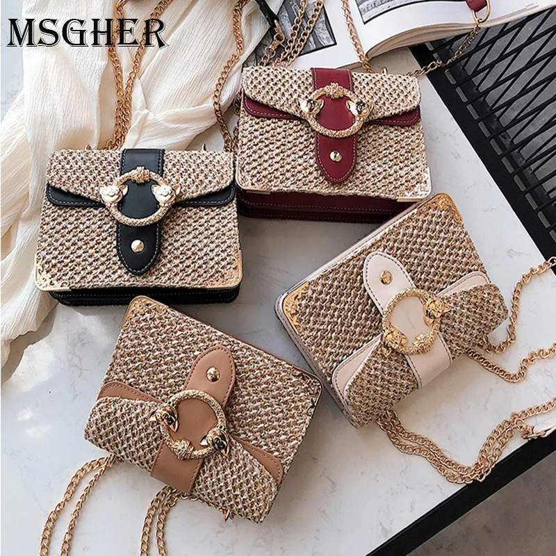 

MSGHER Flip Hit Color Square Crossbody bag 2019 Summer Straw Women's Designer Handbag Lock Chain Shoulder Messenger bags WB1884