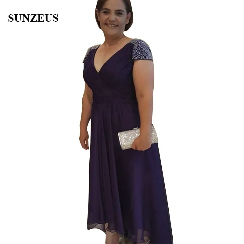 

Crystal Beaded Cap Sleeve Pleated Chiffon Mother Of The Bride Dress High Low Purple Women Gowns vestidos madre novia CM0173