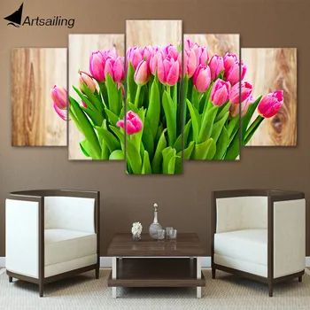 

ArtSailing HD Printed 5 piece canvas art pink tulip painting wall pictures for living room home decoration Free shipping/ny-6018