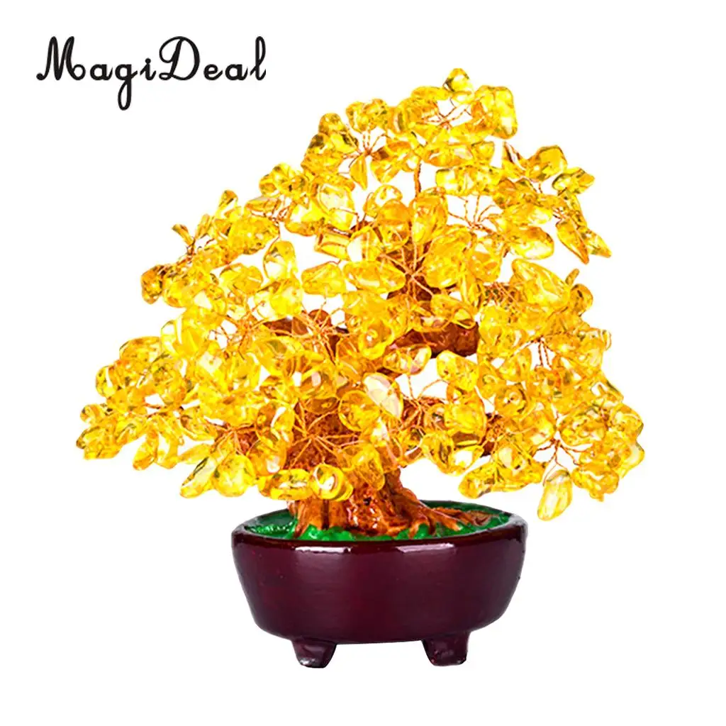 7'' Natual Crystal Money Tree Bonsai Style Feng Shui Wealth and Luck Tree -Yellow