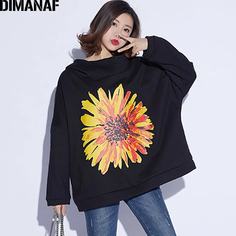 

DIMANAF Plus Size Women Hoodies Sweatshirts Winter Thick Cotton Clothes Female Lady Loose Pullover Top Hooded Rrint Floral 2019