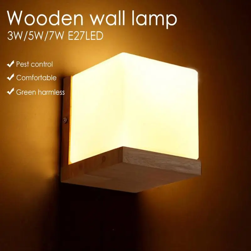 

Modern Wall Lamps Oak Wood Cube Sugar Lampshade Bedroom Bedside Wall Light Home Sconce Lotus Light Fixtures Indoor Lighting Z3