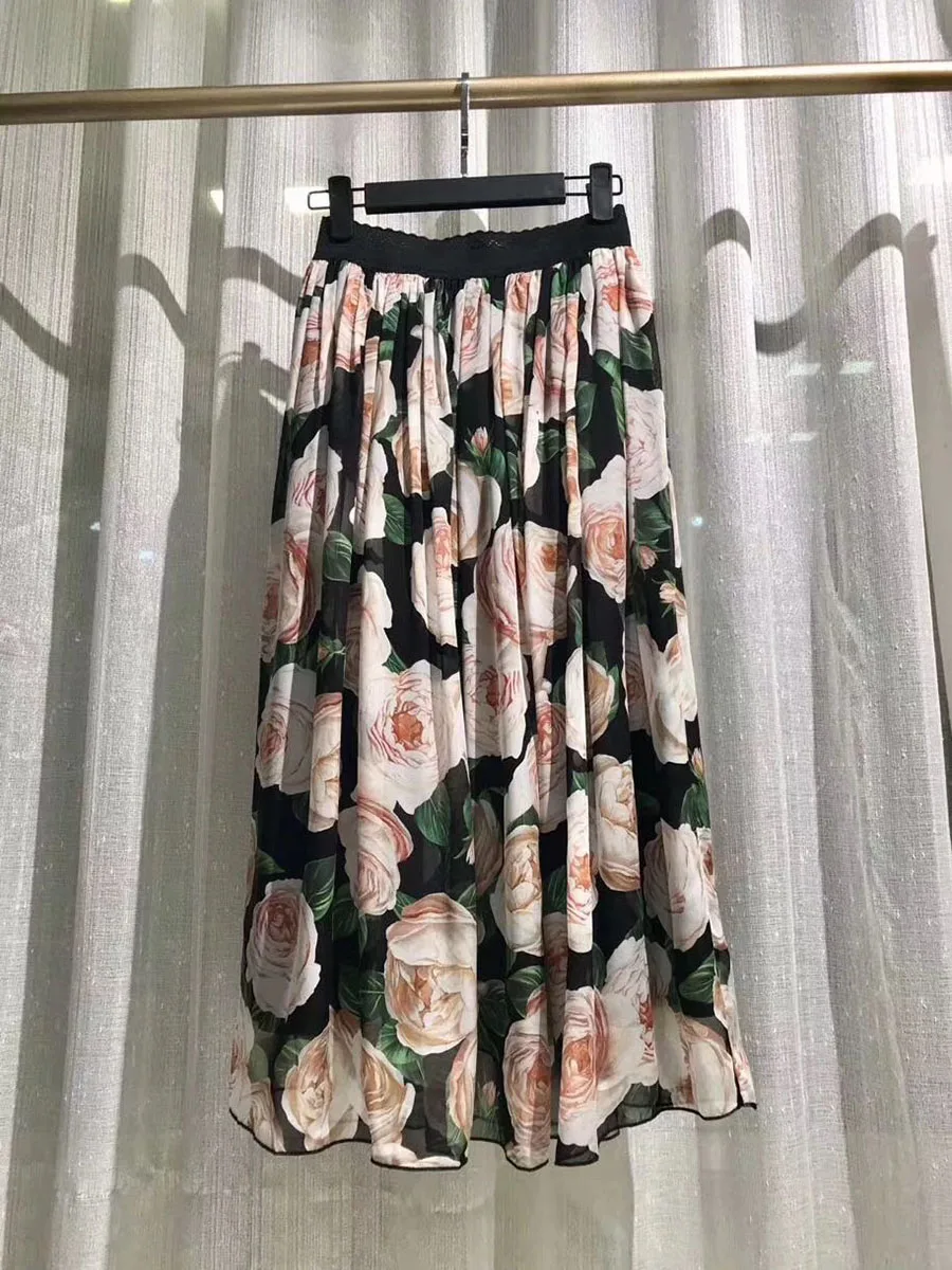 

Luxury Runway Skirts Women 2019 Summer New Elastic Waist Elegant Pink Rose Blossom Print Midi Skirt