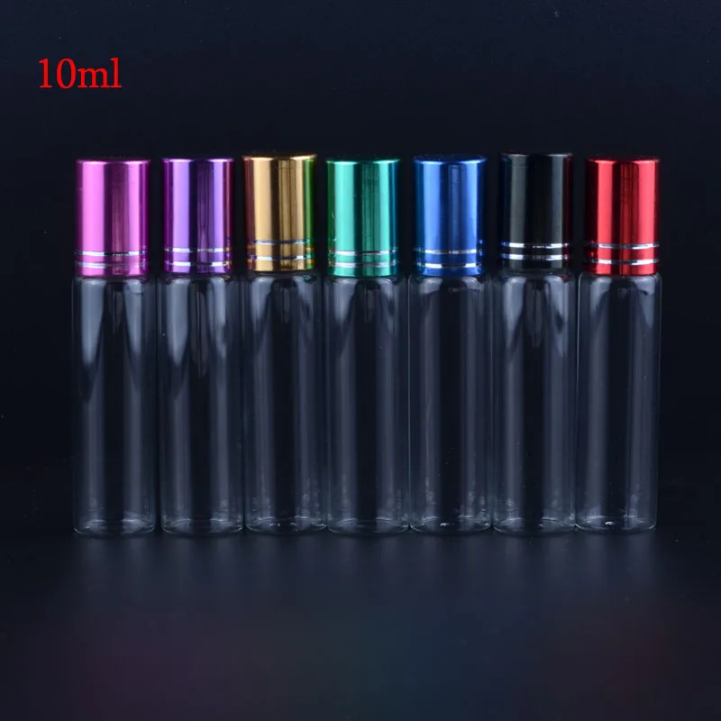 

MUB - 100pcs/lot 10ml Portable Refillable Perfume Bottle Glass Essential Oils Empty Roll On Bottle With 7 Colors