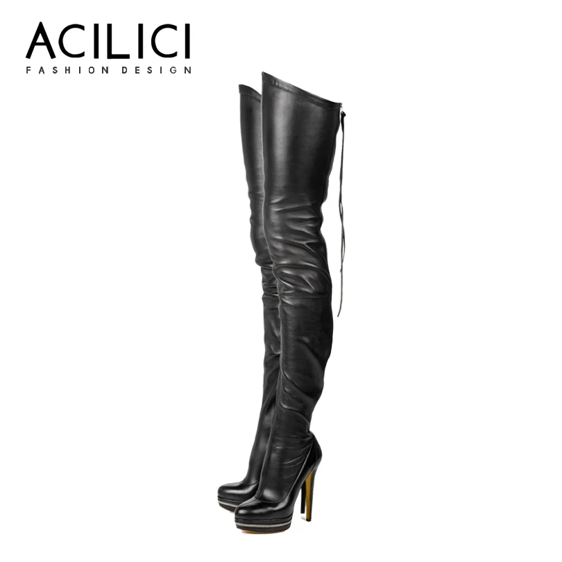 Overknee Boots Pu Leather Black Zipper Boots Long High Heels Platform