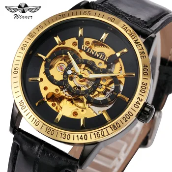 

Fashion Men Mechanical Watches WINNER Top Brand Luxury Skeleton Automatic Wristwatches Leather Strap Luminous Hands Clock