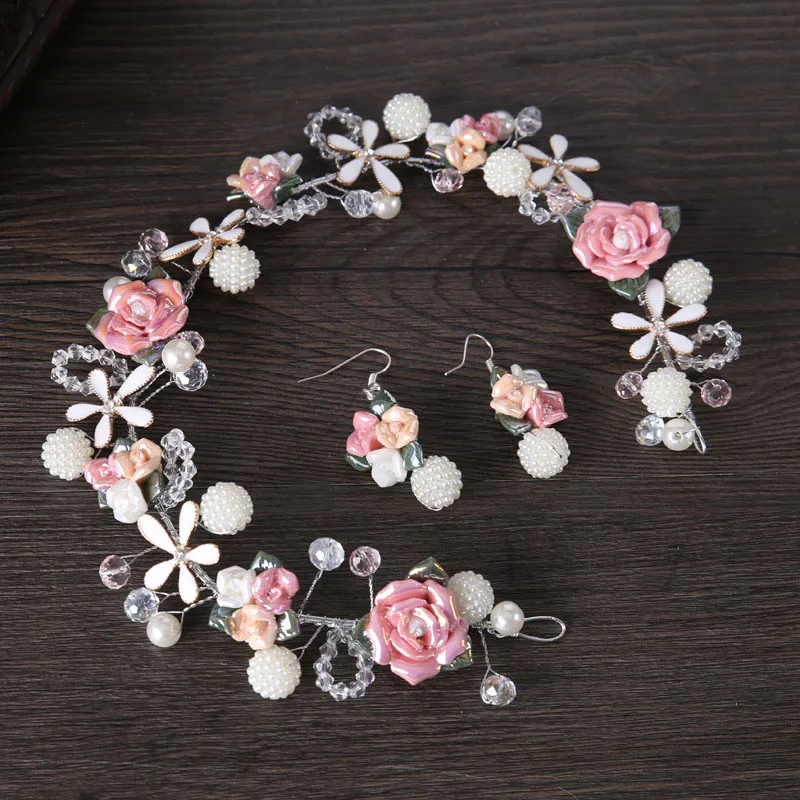 

Pink Ceramic Flower Pearl Beads Ball Headbands Earrings Set Handmade Headpiece Tiaras Women Hair Accessories Jewelry Sets BH