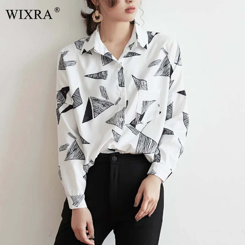 

Wixra Spring Geometric Loose Shirts Blouse Turn-Down Collar Long Sleeve Trendy Shirts Casual Tops 2019 New Hot
