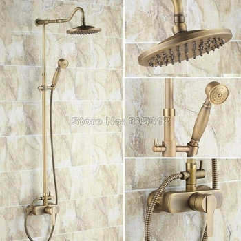 

Wall Mounted Rain Shower Faucet Set with Bathroom Single Handle Mixer Taps + Classic Antique Brass Handheld Shower Wrs205