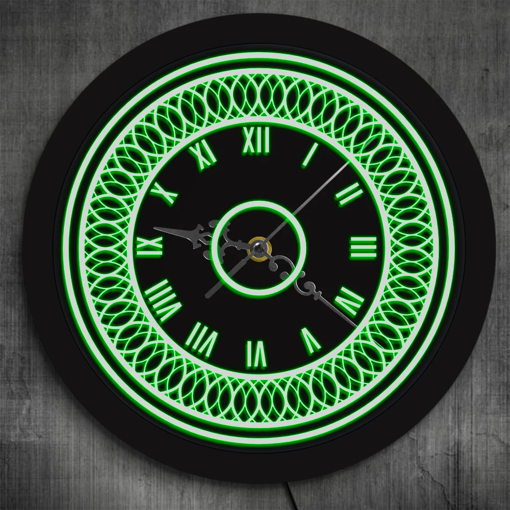 

3D Pattern Led Lighting Wall Clock With Multi Color Changes Vintage Rumerals Black Round Silent Wall Clock Mandala Circle Design