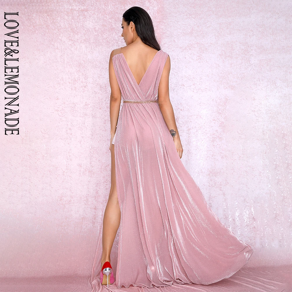 LOVE& LEMONADE сексуальное розовое с глубоким v-образным вырезом декоративная металлическая цепь с Боковым Разрезом Макси платье LM81720