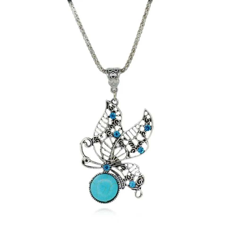 

2015 New Women lovely chain butterfly necklace Natural Turquoise Pendant Necklaces Jewelry 1pc free shipping AJ353GG