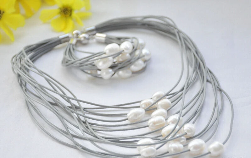 

********z6969 15Strds 13mm white rice pearl gray leather necklace & bracelet