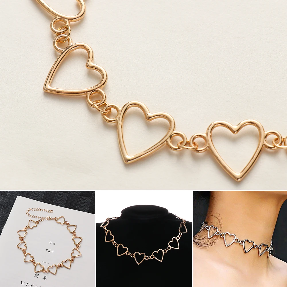 

Fashion Sweet Korean Hollow Love Heart Choker Necklace Statement Girlfriend Gift Cute Gold Silver Color Necklace Jewelry