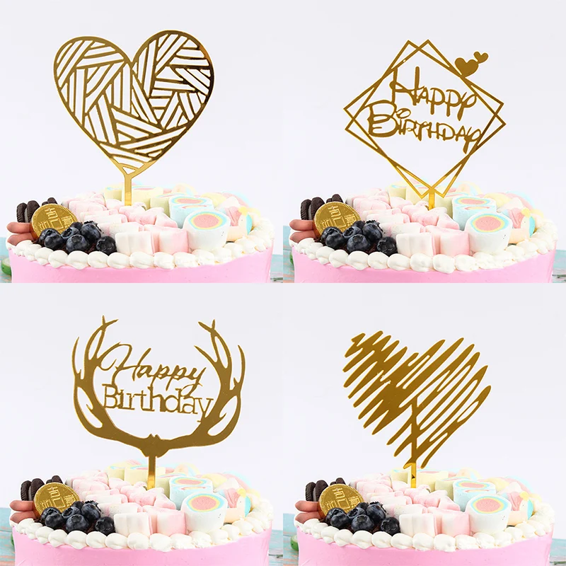 Украшения для торта в форме сердца с золотым блеском, акриловые, Новые вечерние украшения на день рождения