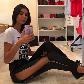 

New Fashion Sexy Women Zipper Slit Pants Black Leisure Fitness Pants Elastic Waist Slimming Pants Full Length Women Trousers