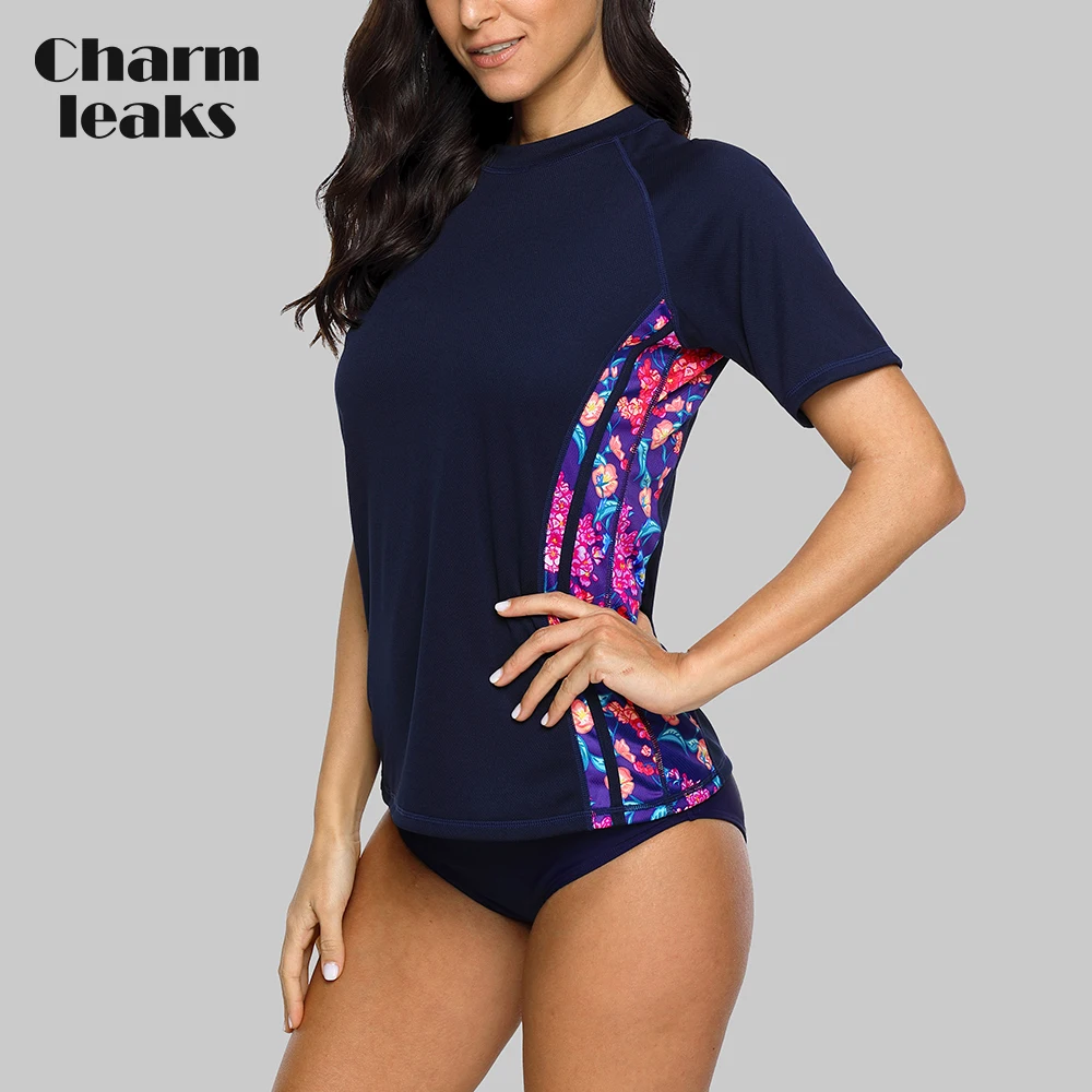 Charmleaks Short Sleeve Women Rashguard Shirt Floral Print Quick drying