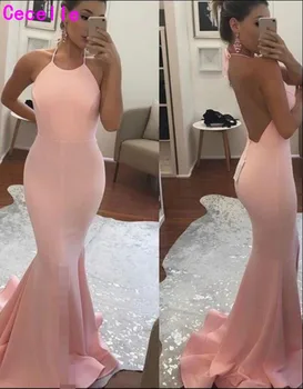 

2017 Blushing Elegant Mermaid Evening Dresses Long Sexy Open Back Halter Simple Teens Formal Dress Evening Party Gowns Custom