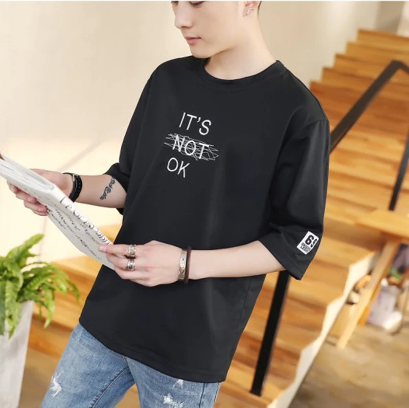

2019 Summer Men T Shirt North Letter Embroidered Men's Three Squarter Sleeved Round Neck Plus Size Casual Face T-shirt