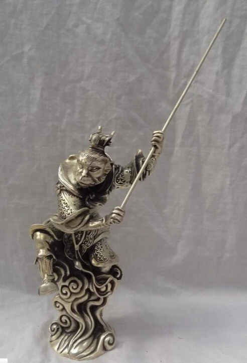 

JP S0608 10" Chinese Silver Buddhism Sun WuKong Monkey King Brass golden cudgel Statue B0403