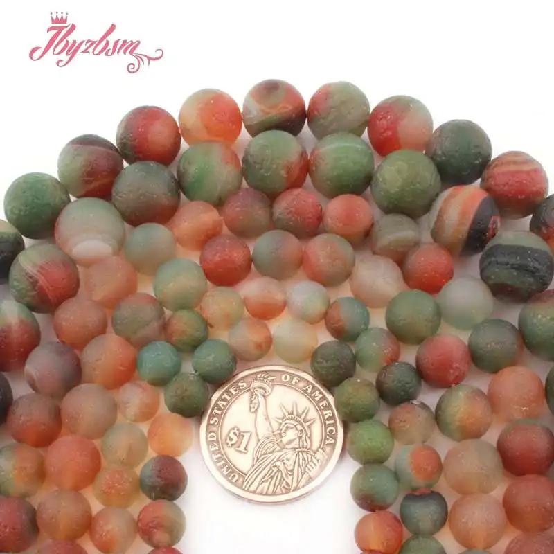 

8,10,14mm Frost Matte Round Ball Old Green Stripe Agates Natural Stone Loose Beads For Necklace Jewelry Making 15" Free Shipping