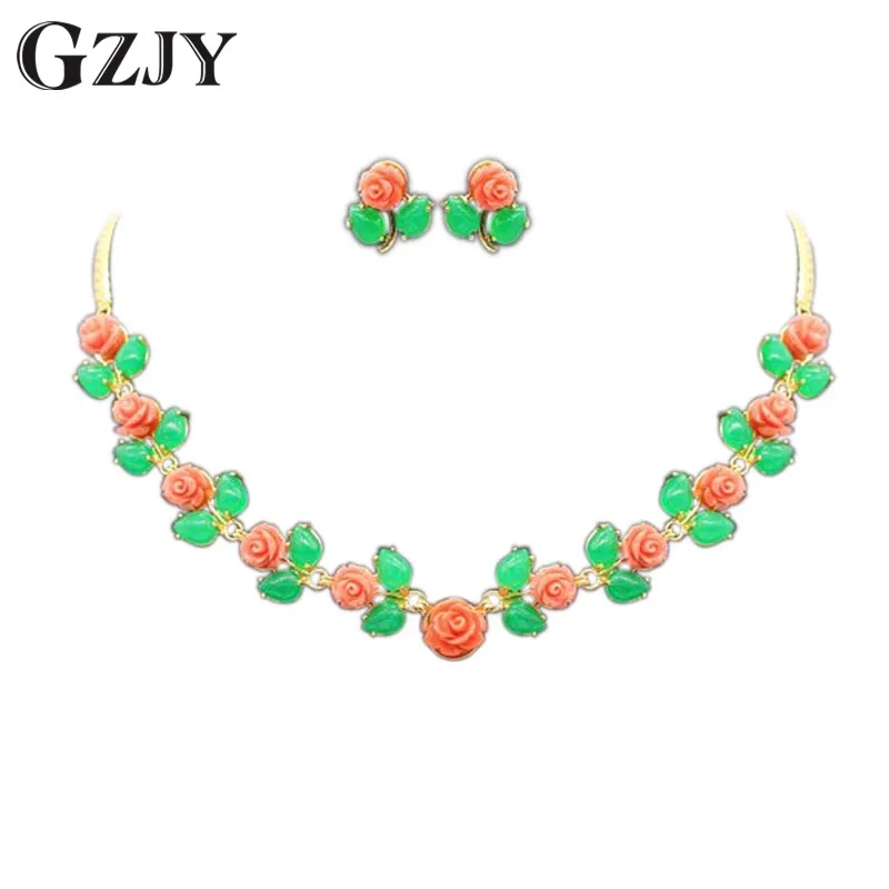 

GZJY Beautiful Luxury Yellow Gold Color Green Stone Flower Coral Jewelry Sets For Women Wedding Party Accessories