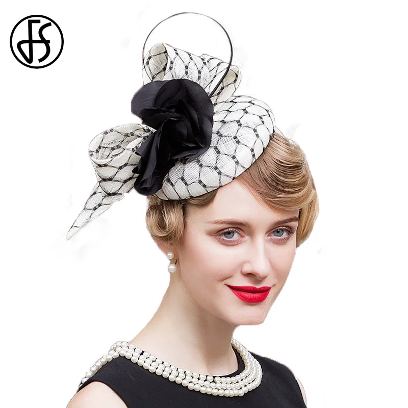 

FS Fascinator Black and White Hat Wedding Flower Pillbox Sinamay Cocktail Hats Linen Derby Vintage Ladies Church Dress Fedora