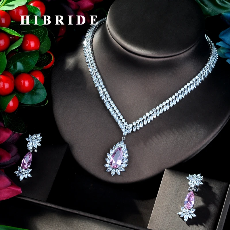 HIBRIDE блестящие розовые цвета капли воды AAA кубический циркон ожерелье Дубай