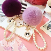 

2018 new rabbit fur Pom Pom Keychains pearl chain + bow key chain porte clef pompom Keychain ladies bag pendant Car key YSS-0188