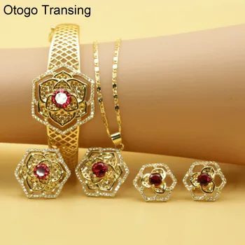 

Otogo Transing 2019 Party Gold Color Jewelry Set Women Fashion Charm Red Crystal Ring Earrings Necklace Bracelet Flower SET214