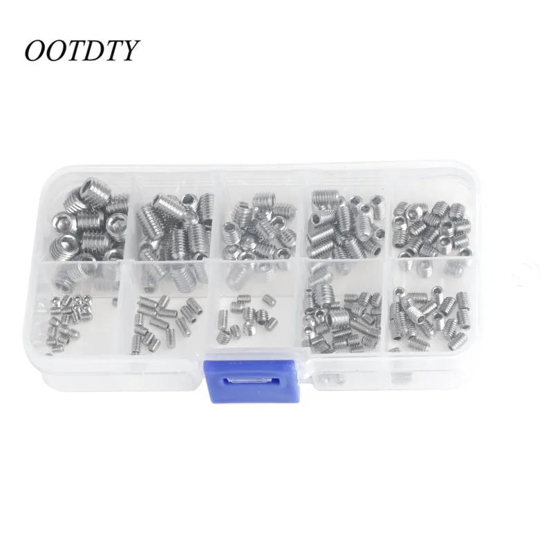 

OOTDTY M3-M8 200 Pcs/set Stainless Steel Allen Head Socket Hex Set Grub Screw Assortment Cup Point