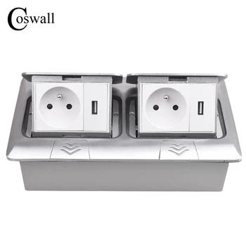 

COSWALL All Aluminum Panel Pop Up Floor Socket 16A French Standard Power Double Outlet With 2 USB Charging Port