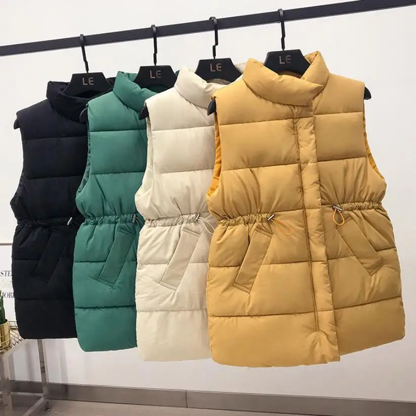 

2019 Winter Vest Women Waistcoat Long Solid Zipper Hooded Vest Jacket Autumn Sleeveless Cotton Padded Vest Coat
