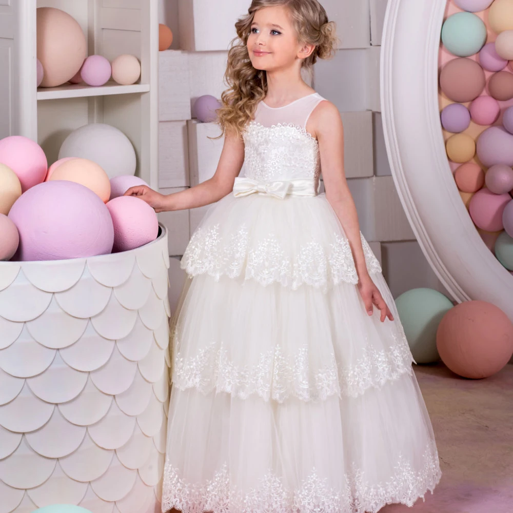 Платья для первого причастия для девочек с аппликацией белого и цвета слоновой кости, бальное платье с круглым вырезом без рукавов, торжественные пышные платья для девочек Glitz
