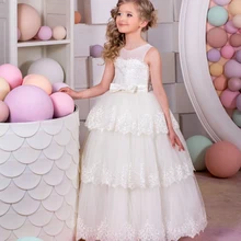 Платья для первого причастия для девочек с аппликацией белого и цвета слоновой кости, бальное платье с круглым вырезом без рукавов, торжественные пышные платья для девочек Glitz