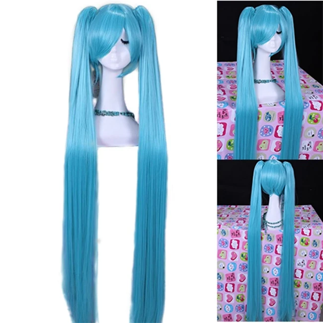 

Free Shipping Anime 120CM Long Straight Blue Synthetic Hair Vocaloid Hatsune Miku Ponytail Cosplay Wig