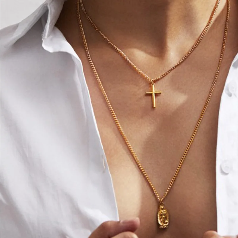 

Bohemia Charms Gold Color Cross Multilayers Necklace Jesus Virgin Mary Long Chain Pendant Choker Necklace for Women Men Jewelry
