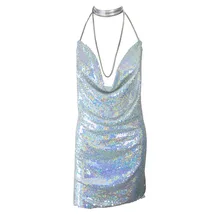 Kendall Jenner Sexy Deep V Neck Hollow Out Sequined Dress Backless Halter Metal Decoration Sleeveless Dress Dress