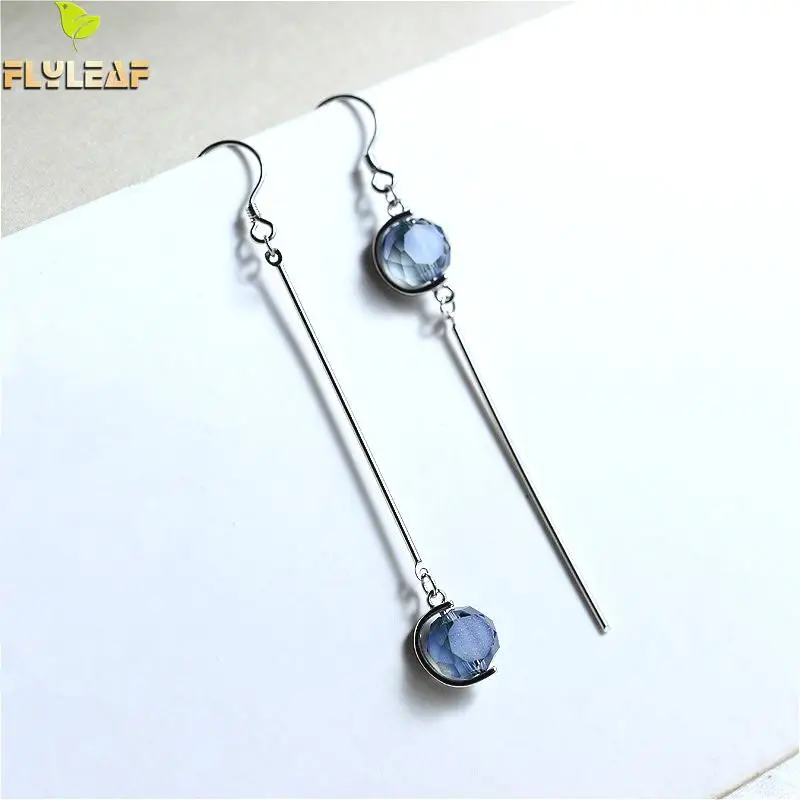 

Flyleaf 925 Sterling Silver Drop Earrings For Women Simple Blue Water Crystal Asymmetric Geometry Long Earings Fashion Jewelry