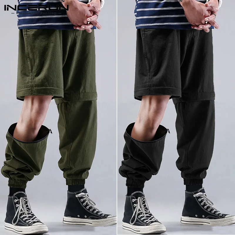 INCERUN/мужские однотонные шорты двух цветов, рабочие шорты с эластичной резинкой на талии, на молнии, свободные прямые спортивные повседневные брюки