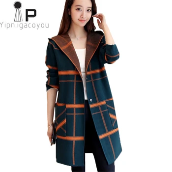 

2020 Autumn Long Sweater Coat Women Long sleeve Hooded Plaid Loose Sweater Slim cardigans women tops Elegant Casual Knit ladies
