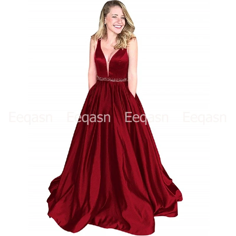 vestidos de gala A Line Long Prom Dresses with Pockets 2020 V Neck Sleeveless Burgundy Royal Blue Prom Dress Party for Women vestidos de gala A Line Long Prom Dresses with Pockets 2020 V Neck Sleeveless Burgundy Royal Blue Prom Dress Party for Women